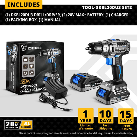 DEKO 20V borstelloze accuboormachine - 2-snelheden mini-elektrisch gereedschap voor houtbewerking