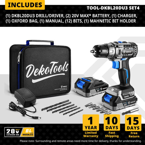 DEKO 20V borstelloze accuboormachine - 2-snelheden mini-elektrisch gereedschap voor houtbewerking