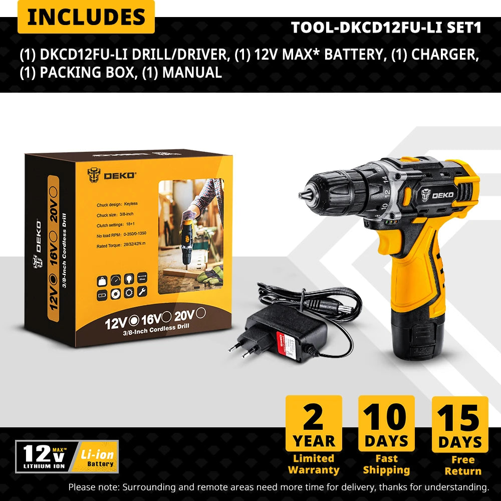 DEKO Cordless Drill 12V/16V/20V – Mini Wireless Electric Screwdriver with Lithium-Ion Battery for Home DIY