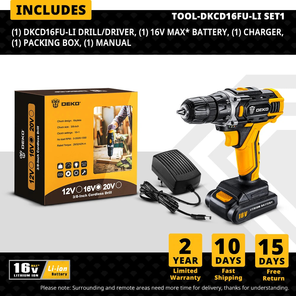 DEKO Cordless Drill 12V/16V/20V – Mini Wireless Electric Screwdriver with Lithium-Ion Battery for Home DIY
