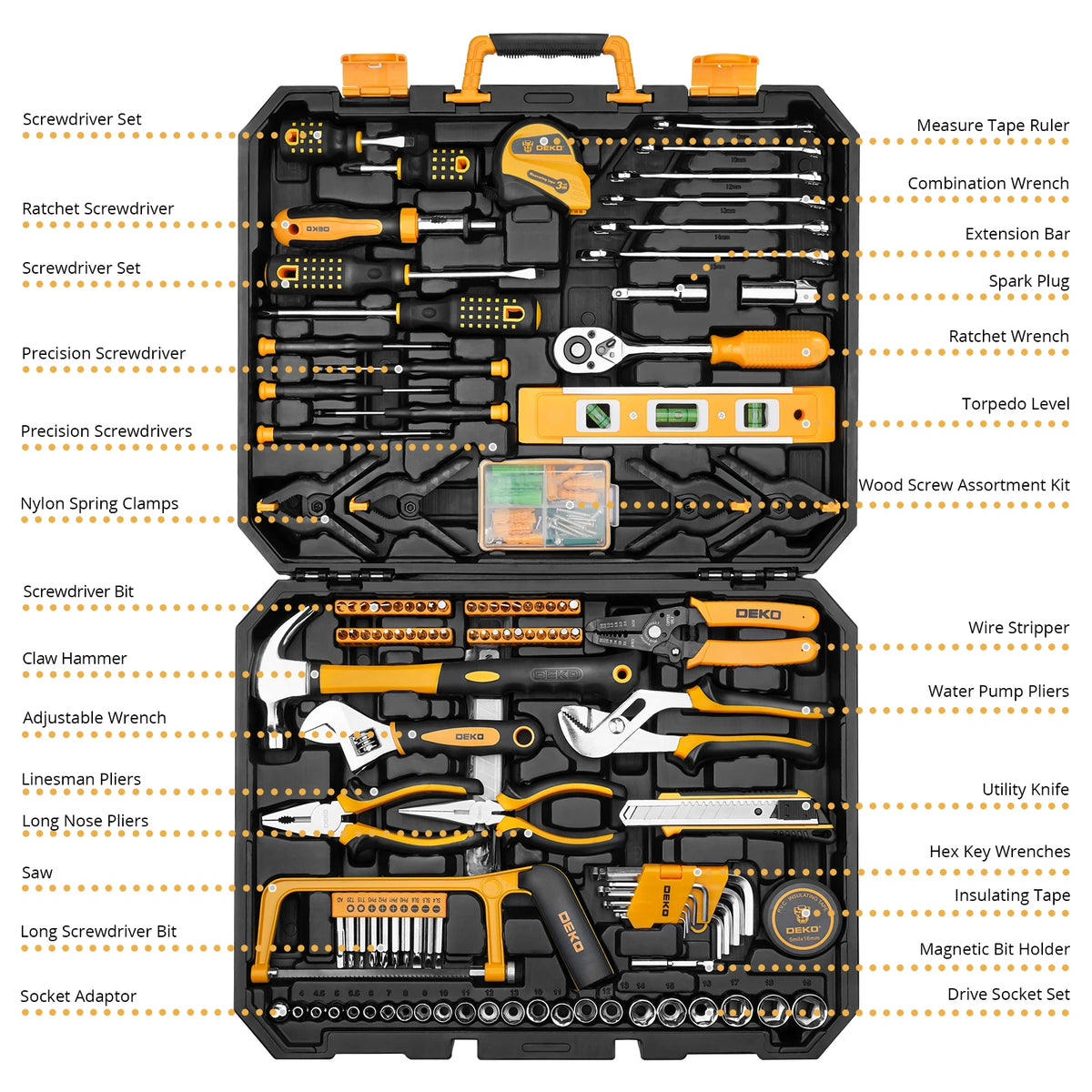 DEKO 62/228-delige doppen- en sleutelset – autoreparatieset met kunststof opbergkoffer