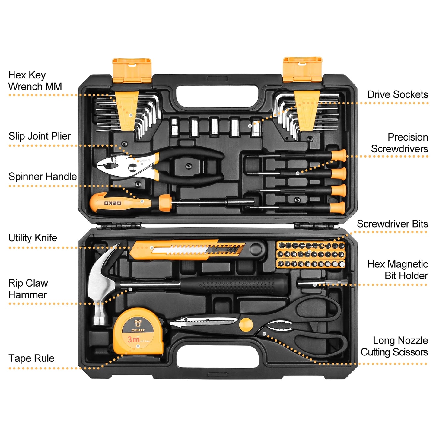 DEKO 62/228-Piece Socket & Wrench Tool Set – Auto Repair Kit with Plastic Storage Case