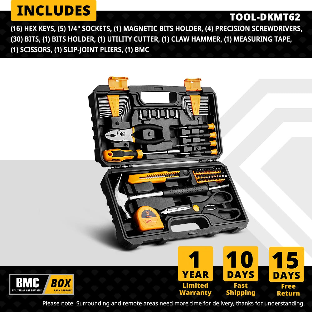 DEKO DKMT62 Hand Tool Set – CR-V & S2 Ratchet Socket Kit with Bits for Professional Auto Repair