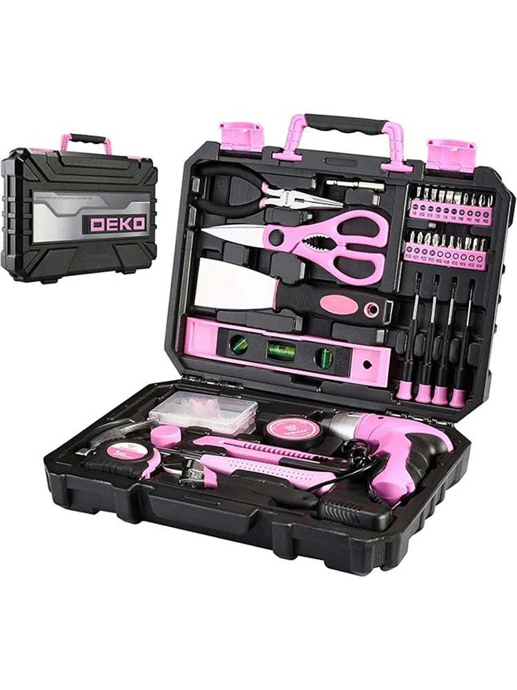 DEKO DKMT98-GP Pink 98-Piece Tool Set – General Household & Woodworking Kit with Plastic Storage Case