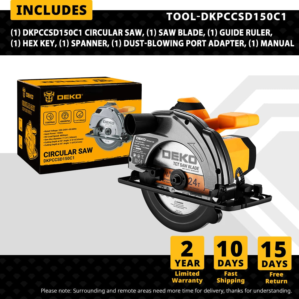 DEKO DKCS Series 185mm Circular Saw – 1500W Multi-Function Power Tool with Auxiliary Handle