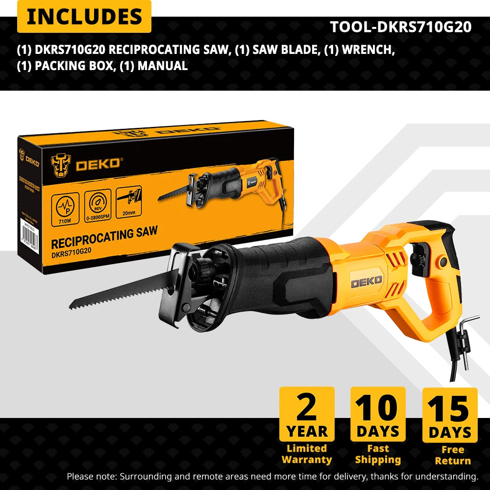 DEKO DKRS710G20 710W Electric Reciprocating Saw – Includes Blades for Woodworking & DIY