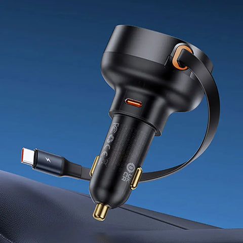 Baseus 60W Fast Car Charger with Retractable Cable & Dual Ports for iPhone 16/15/14/13 Pro and Samsung