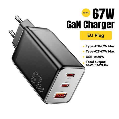 Essager GaN USB Type C Charger 67W Fast Charging for Samsung, iPhone 16/15/14 Pro, Huawei, Laptops, EU Plug