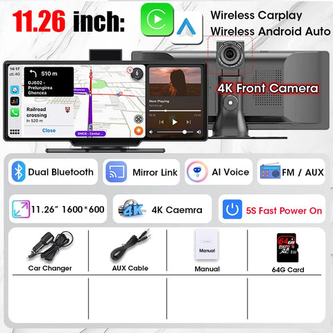 11,26 Zoll 4K Auto-DVR-Dash-Videorecorder mit Wireless Carplay &amp; Android Auto