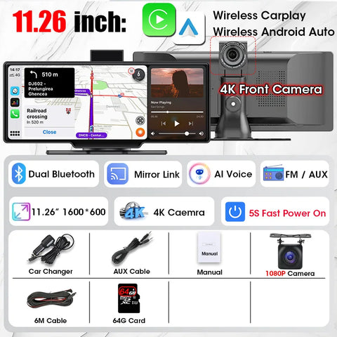 11,26 Zoll 4K Auto-DVR-Dash-Videorecorder mit Wireless Carplay &amp; Android Auto