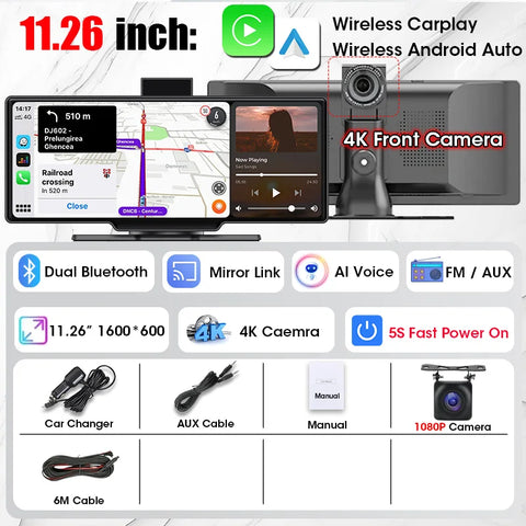 11,26 Zoll 4K Auto-DVR-Dash-Videorecorder mit Wireless Carplay &amp; Android Auto