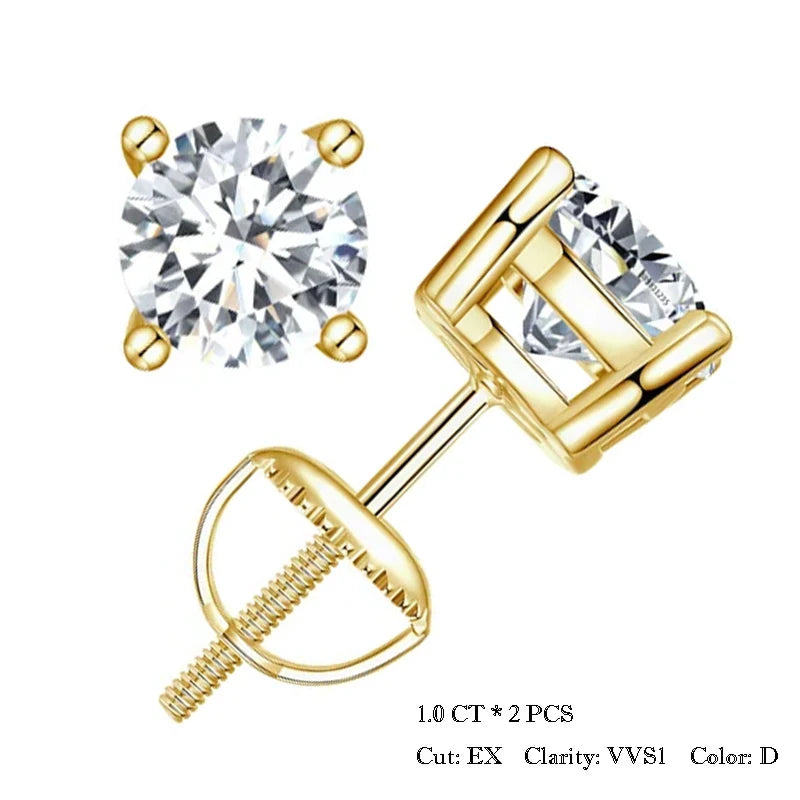 BAMOER Moissanite Screw Back Earrings – 0.5–1CT D Color VVS1 Lab Diamond in White Gold