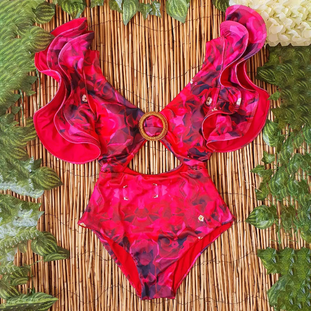 Ruffle One-Piece Swimsuit – Floral Deep V-Neck Push-Up Monokini Beachwear for Women