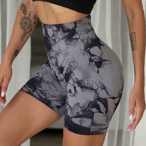 Tie-Dye High-Waist Yoga Shorts – Marble Print Push-Up Booty Shorts for Women’s Fitness & Gym