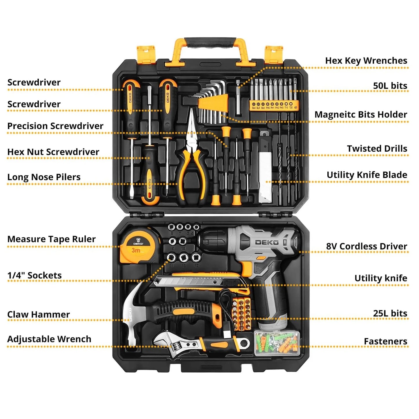 DEKO 126-Piece Power Tool Kit – 8V Cordless Drill with Keyless Chuck & DIY Hand Tools for Home Use