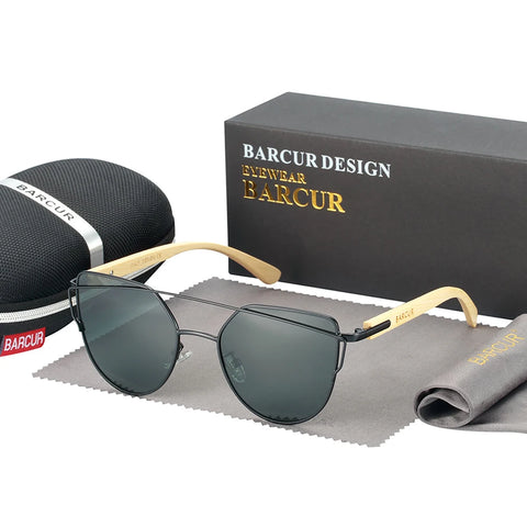 BARCUR Bamboo Cat-Eye Polarisierte Sonnenbrille – Luxuriöse Damen-Sonnenbrille mit Metallrahmen und UV400-Schutz, inklusive Geschenkbox