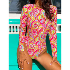 Tropical Luxe Long-Sleeve Surf Swimsuit - Floral Patchwork Beachwear for Women