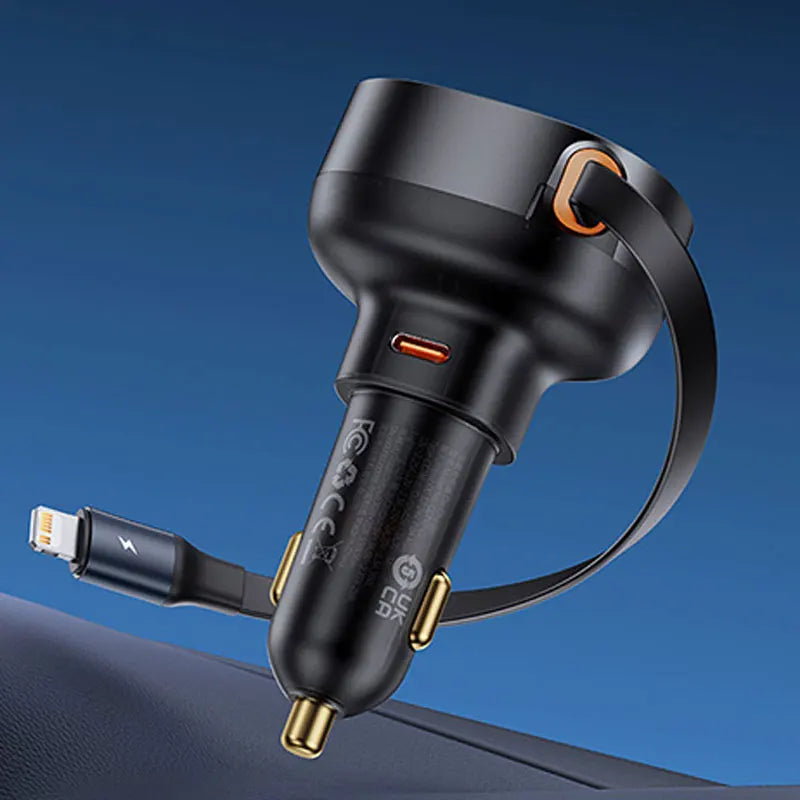 Baseus 60W Fast Car Charger with Retractable Cable & Dual Ports for iPhone 16/15/14/13 Pro and Samsung