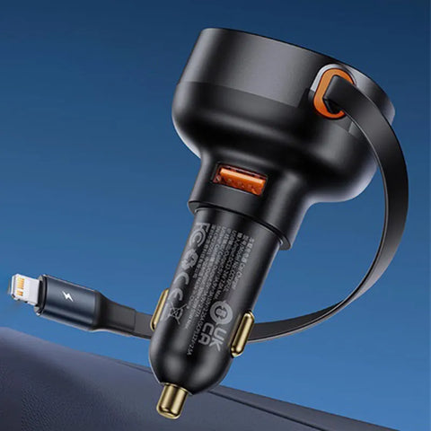 Baseus 60W Fast Car Charger with Retractable Cable & Dual Ports for iPhone 16/15/14/13 Pro and Samsung