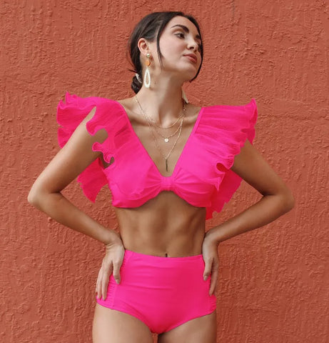 Push-up bikini met ruchesmouwen - effen zwarte badkleding met hoge taille voor dames