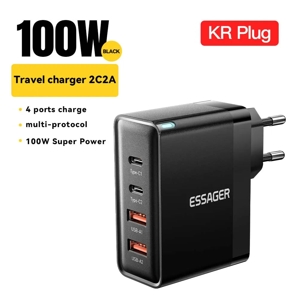 Essager 100W GaN USB-C Charger for Laptop & iPhone 16, Fast PD Charging, US/KR Plug, Compatible with MacBook & Samsung
