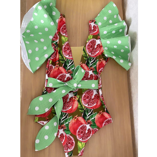 Badpak met ruches en diepe V-hals – monokini met bloemenprint en push-up-effect voor dames