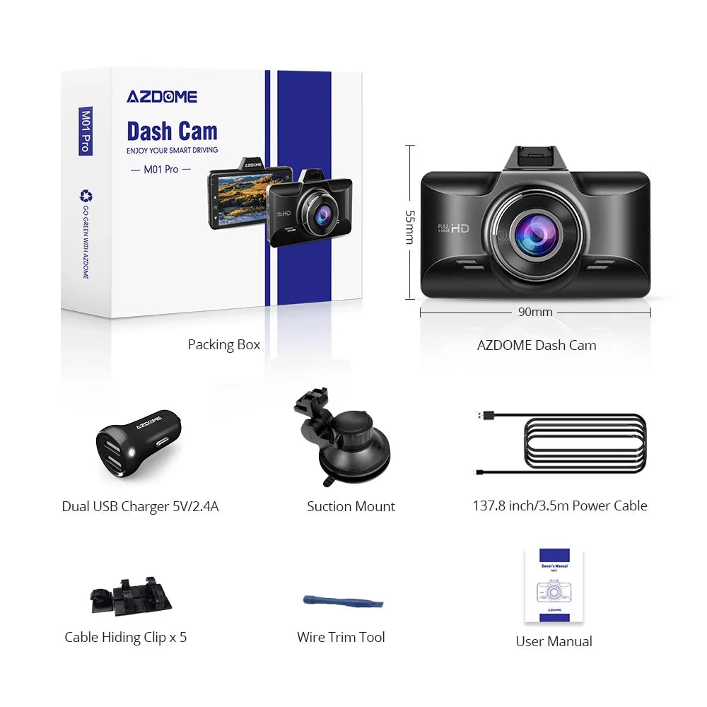 AZDOME M01 Pro Dash Cam – 3" IPS Screen 1080P Dual-Channel Car DVR with ADAS & Parking Mode