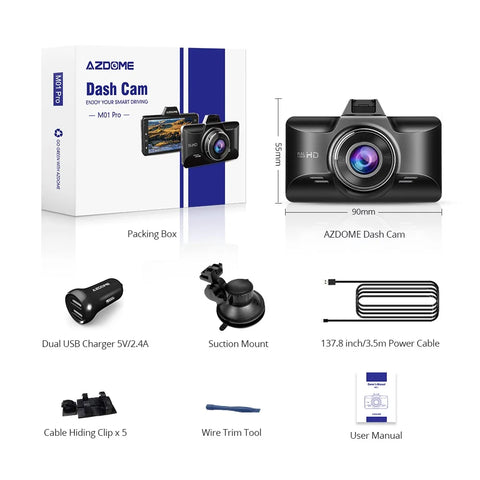 AZDOME M01 Pro Dash Cam – 3" IPS Screen 1080P Dual-Channel Car DVR with ADAS & Parking Mode