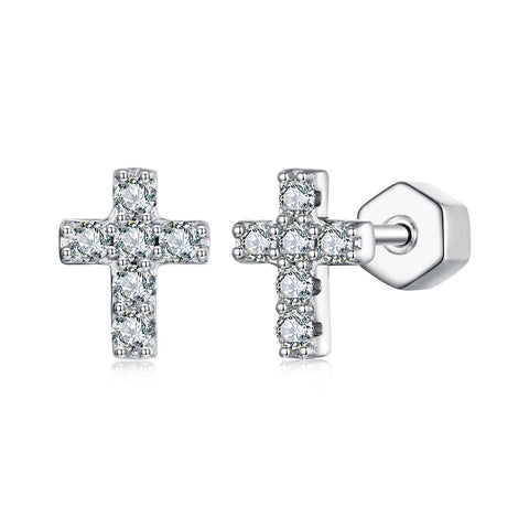 BAMOER White Gold Moissanite Cross Earrings – 925 Sterling Silver Stud Huggies