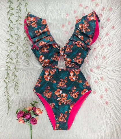 Luxe V-hals badpak met kantprint
