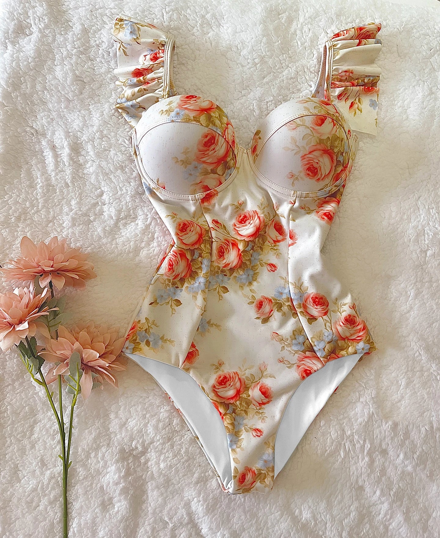 Ruffle One-Piece Swimsuit – Floral Deep V-Neck Push-Up Monokini Beachwear for Women