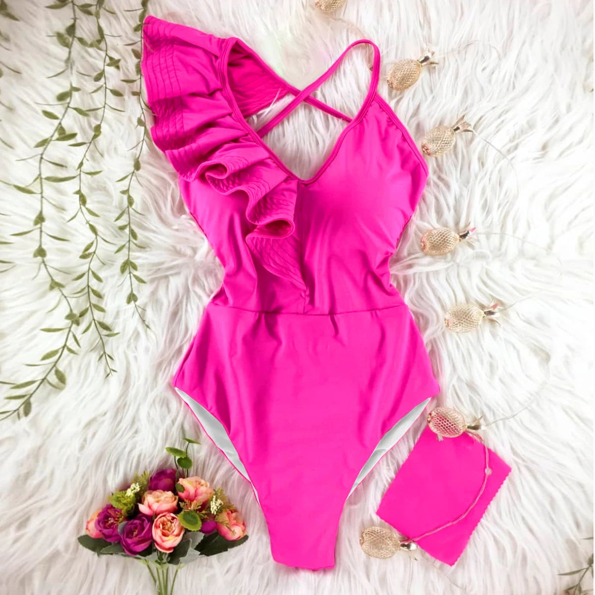Ruffle One-Piece Swimsuit – Floral Deep V-Neck Push-Up Monokini Beachwear for Women