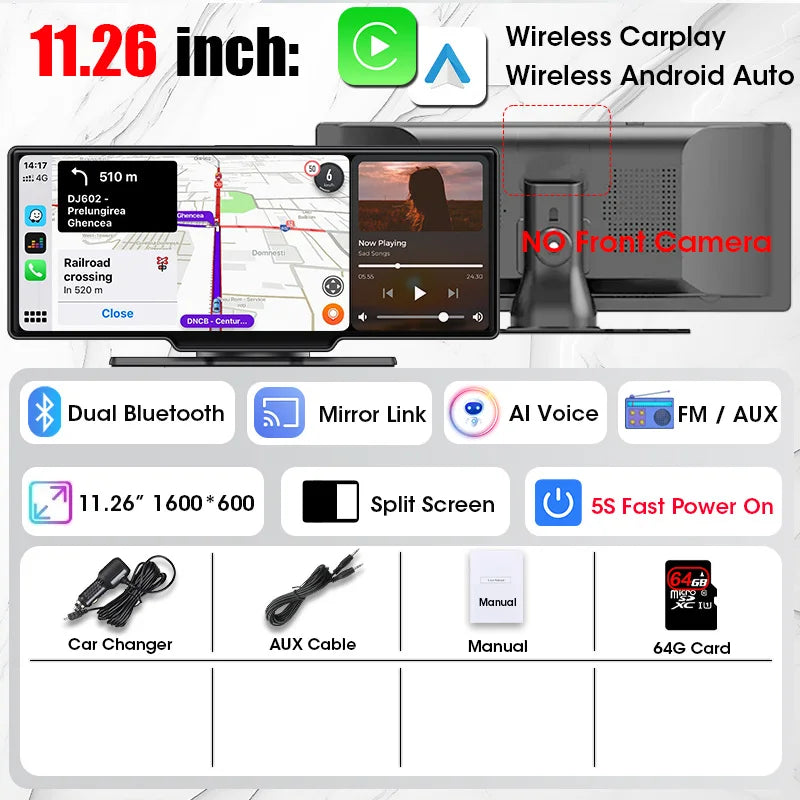 11,26 Zoll 4K Auto-DVR-Dash-Videorecorder mit Wireless Carplay &amp; Android Auto