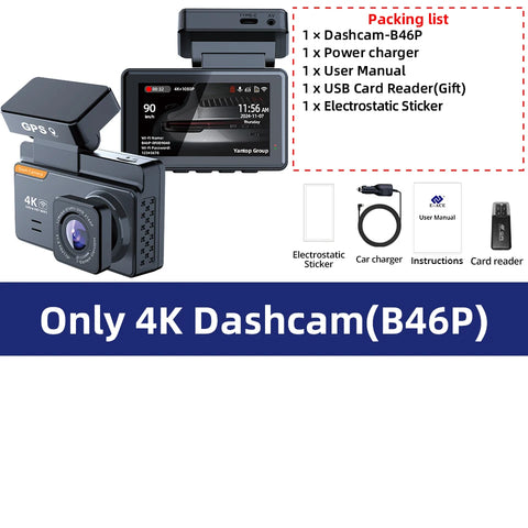4K Dash Cam Auto DVR met dubbele lens, wifi en gps