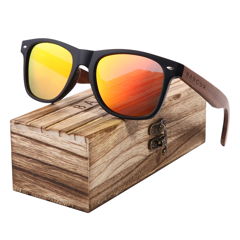BARCUR Black Walnut Polarized Sunglasses – UV400 Wooden Unisex Shades with Original Box