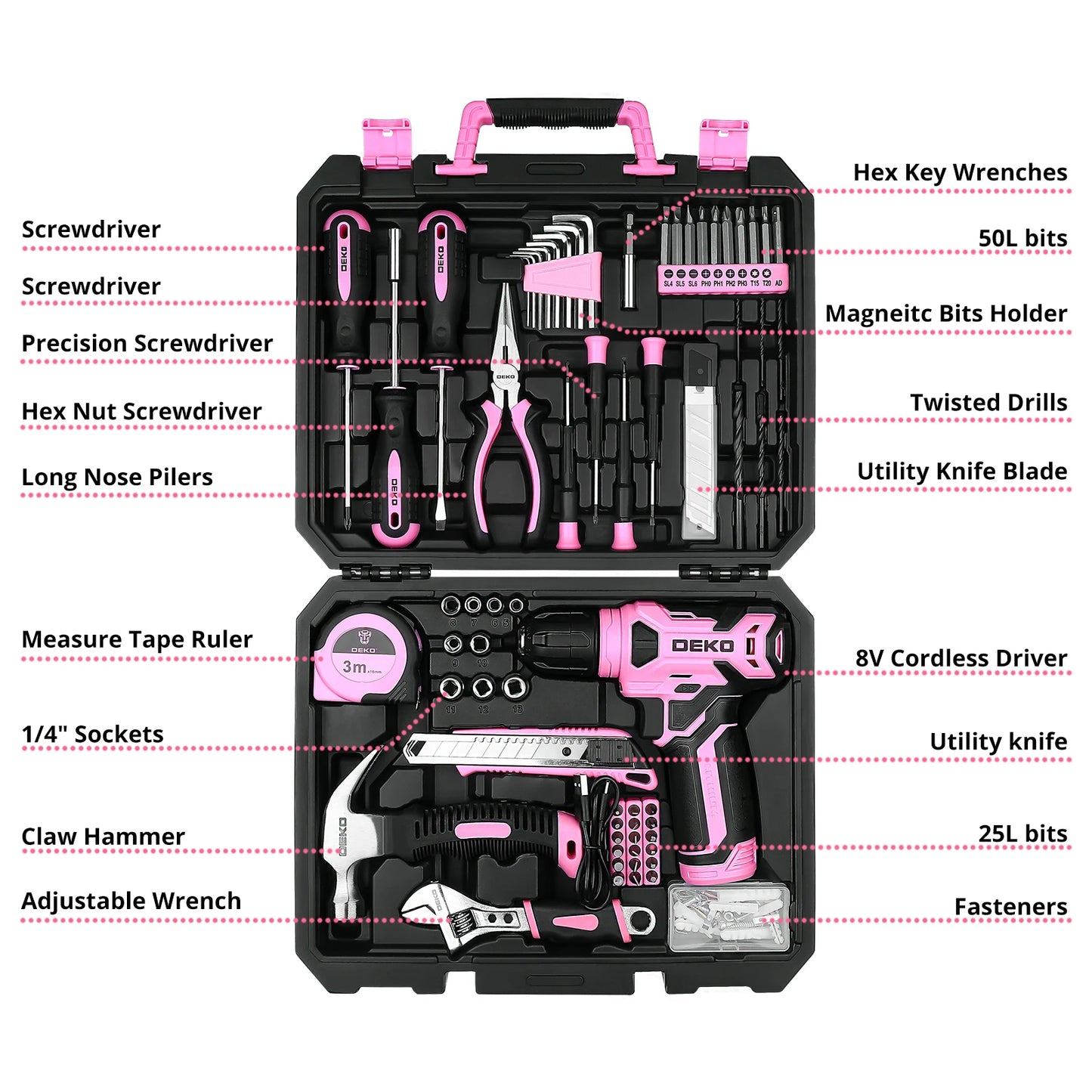 DEKO 126-Piece Power Tool Kit – 8V Cordless Drill with Keyless Chuck & DIY Hand Tools for Home Use