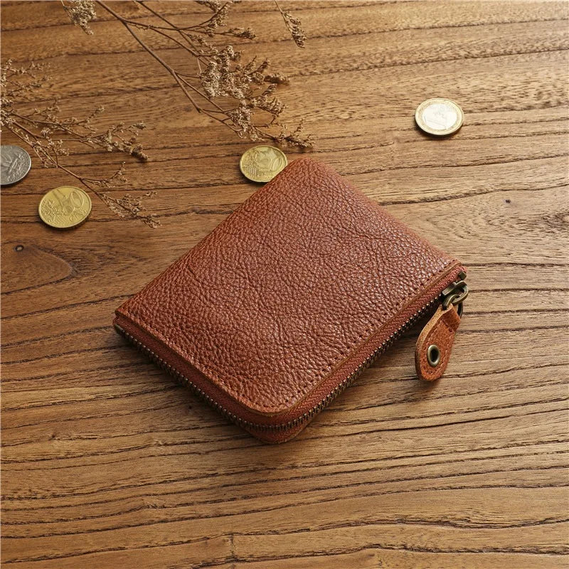 Zency Retro Cowhide Mini Short Wallet for Women - Genuine Leather Coin Pocket Purse