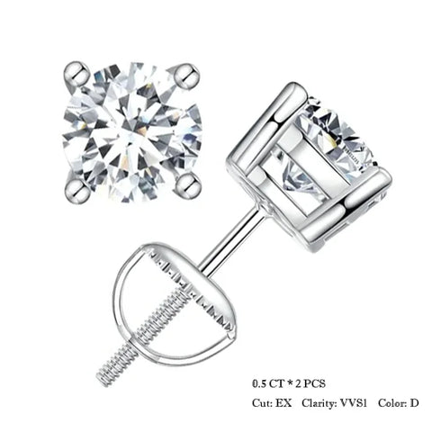 BAMOER Moissanite Screw Back Earrings – 0.5–1CT D Color VVS1 Lab Diamond in White Gold