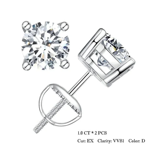 BAMOER Moissanite Screw Back Earrings – 0.5–1CT D Color VVS1 Lab Diamond in White Gold