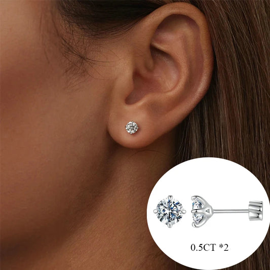 BAMOER Classic Moissanite Earrings – 925 Silver 4-Prong Round Cut Lab Diamond