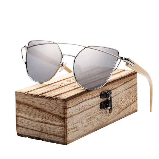 BARCUR Bamboe Cat-Eye Gepolariseerde Zonnebril – Luxe Metalen Montuur UV400 Dameszonnebril met Geschenkdoos