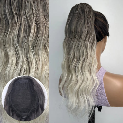 Synthetic Long Wavy Ponytail Hair Extension - 18 Inch Brown Blonde Mix