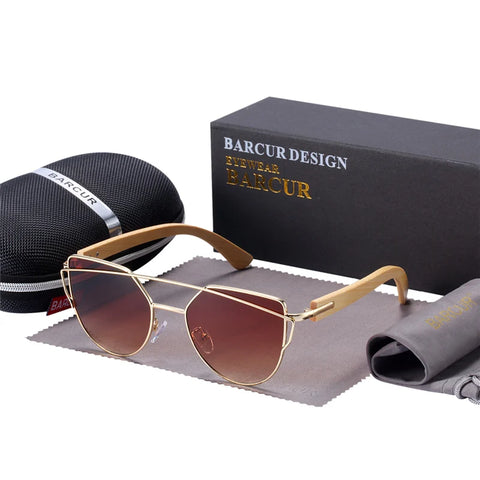 BARCUR Bamboo Cat-Eye Polarisierte Sonnenbrille – Luxuriöse Damen-Sonnenbrille mit Metallrahmen und UV400-Schutz, inklusive Geschenkbox