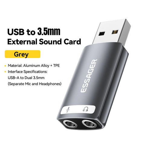 Essager USB Sound Card Adapter for 3.5mm Earphones & Microphones - Ideal for PS4, Laptops, and Computers