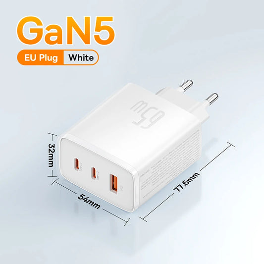 Baseus 65W GaN USB-C Charger - Fast PD Charging for iPhone 16/15/14/13 & Laptops, Portable & Efficient