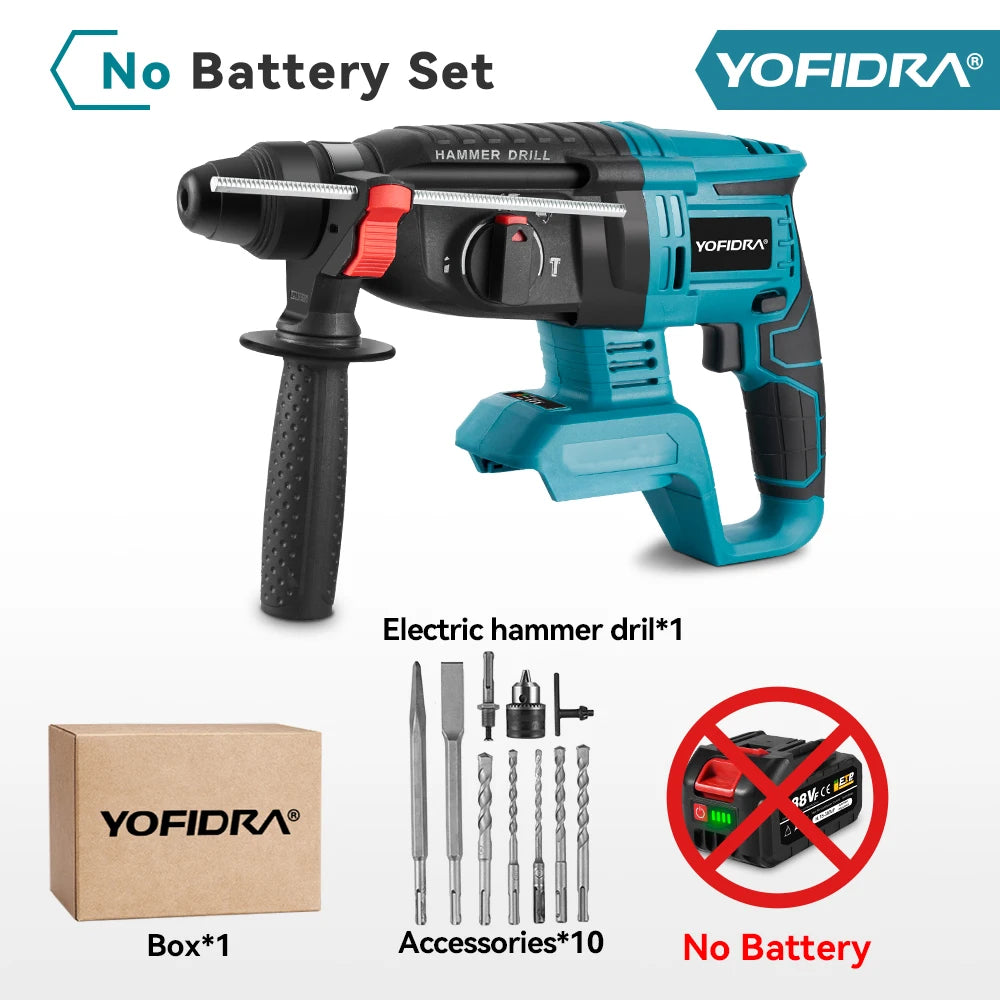 YOFIDRA 26mm Brushless Cordless Rotary Hammer – Multifunction Impact Drill for Makita Battery Pin