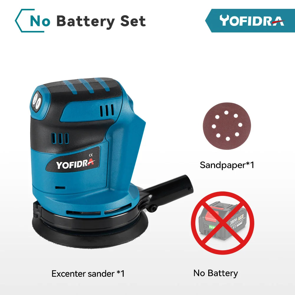 YOFIDRA 125mm Cordless Electric Orbital Sander – Woodworking Grinding & Polishing Tool for Makita Battery Pin