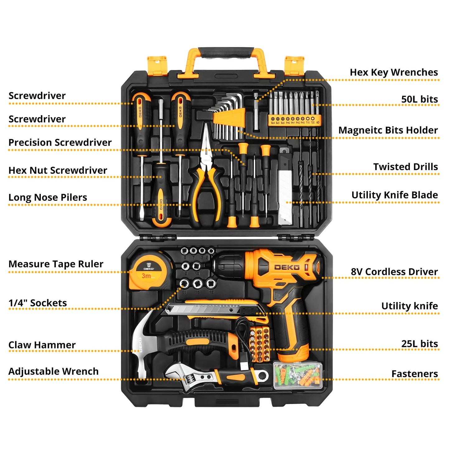 DEKO 126-Piece Power Tool Kit – 8V Cordless Drill with Keyless Chuck & DIY Hand Tools for Home Use