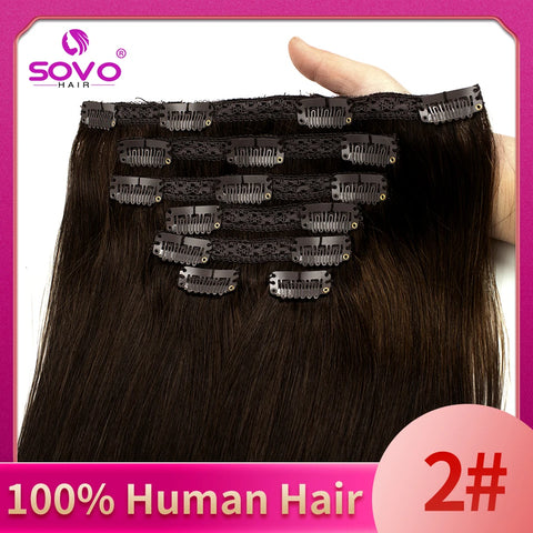 Clip-In Hair Extensions 100% Real Human Remy Hair 7pcs/Set Dark Brown #2