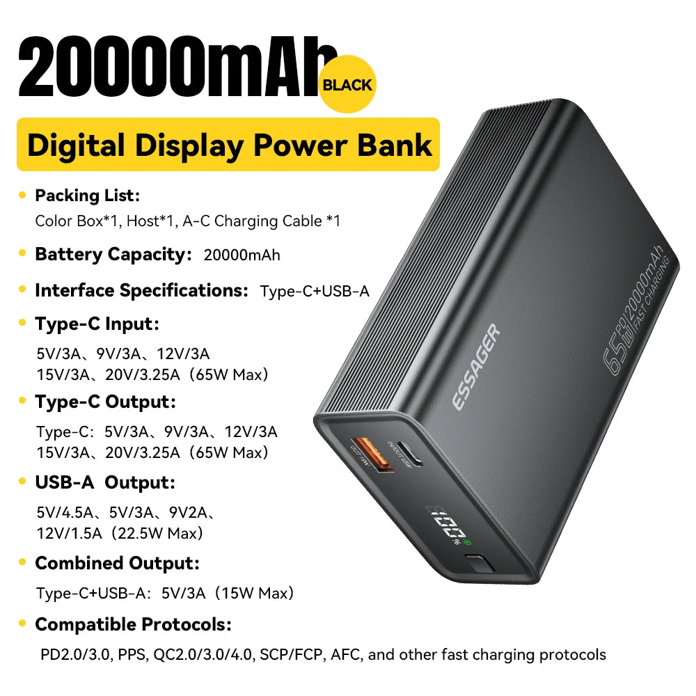 Essager 65W Power Bank – 20000mAh Portable PD Fast-Charge